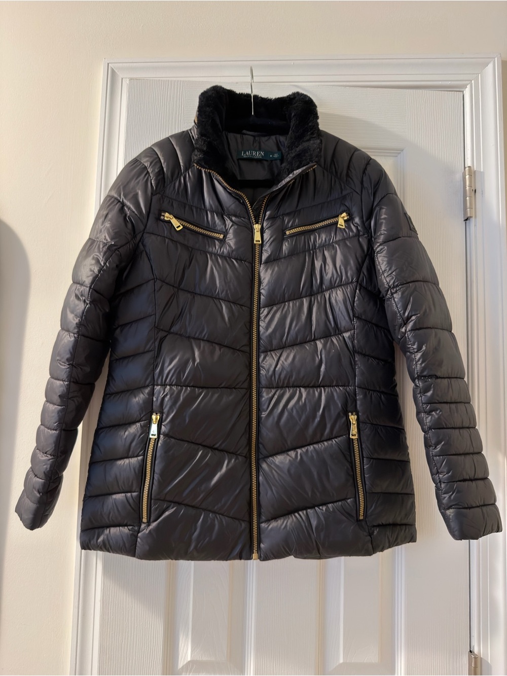 Ralph Lauren Black Quilted Puffer Jacket with Faux Fur Trim